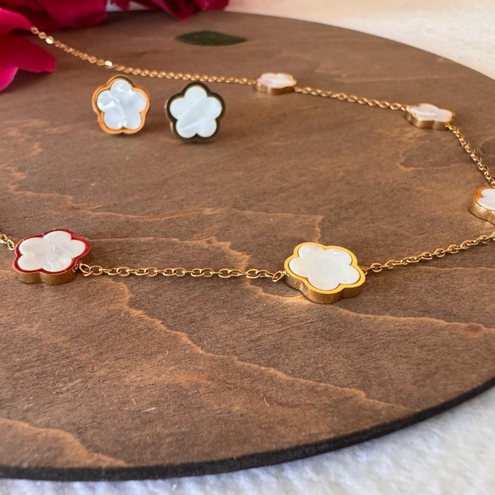 Gold and White Floral Necklace with Dainty Chain set of earrings - Picture 2 of 8